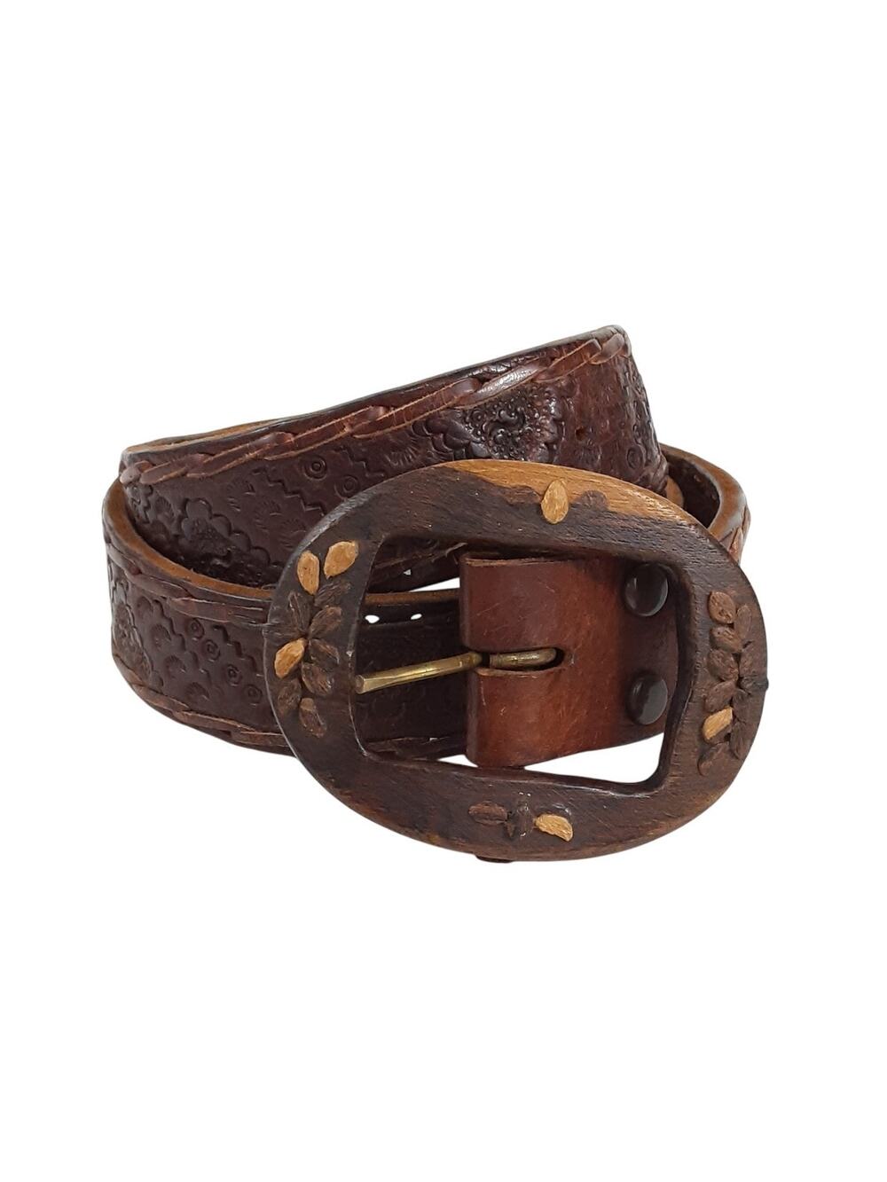 Vintage Hand Tooled Leather Belt Wooden Belt Buckle Bohemian Gypsy Womens M